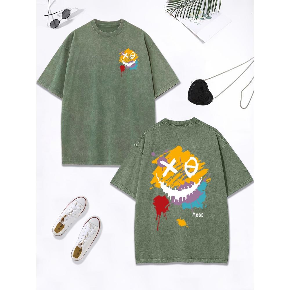 Happy Mood Paint Graffiti Prints Washed T-Shirt Women Cotton Oversized Tops Comfortable O-Neck Distressed Clothes