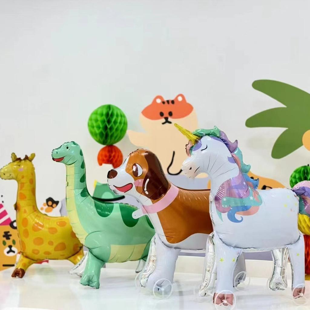 Cartoon Animals Stand Up Aluminum Film Balloons with Wheels Tiger Giraffe Elephant Dinosaur Birthday Party Decoration