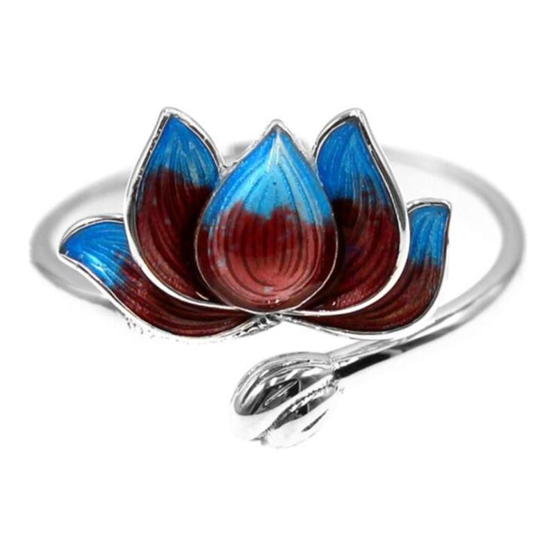 New Fashion Burnt Blue Cloisonne Lotus 925 Sterling Silver Jewelry Personality Epoxy Two-color Lotus Flower Opening Rings R306