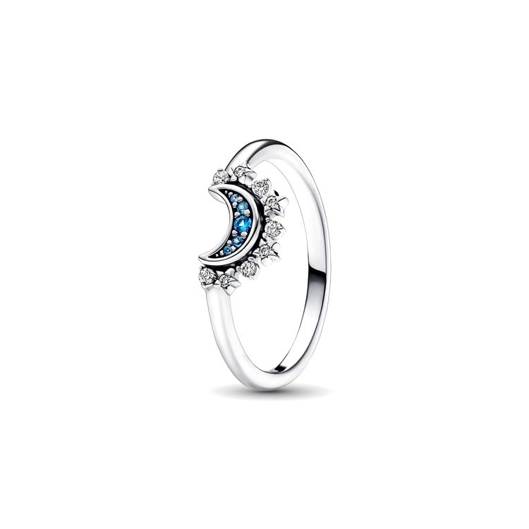 Pandora Starry Blue Shining Moon 925 Silver Ring Women rings 192675C01 Box,56