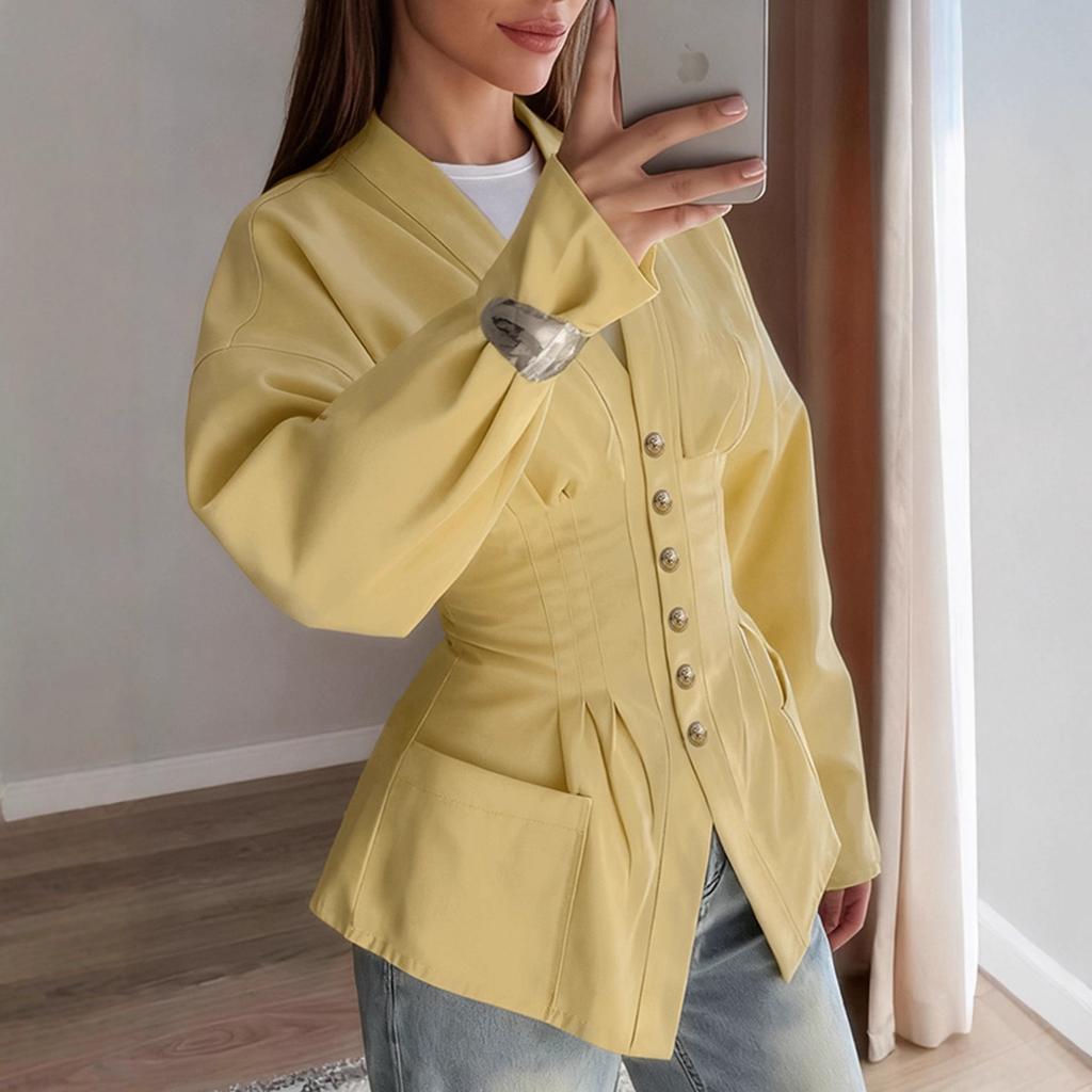 Stylish and simple French waist V-neck shirt women's 1116 autumn design slim-fitting brown long-sleeved women's shirt