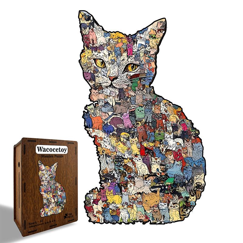 

194pcs Wooden Jigsaw Puzzle Cat-shaped Irregular Puzzle Pieces Game Birthday Xmas Gifts for Cat Lovers Money Box Home Decor