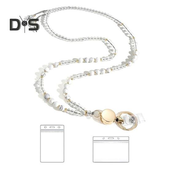 Natural Stone Faux Crystal Card Holder Adjustable ID Lanyard Women Handmade Beaded Badge Holder Lanyard