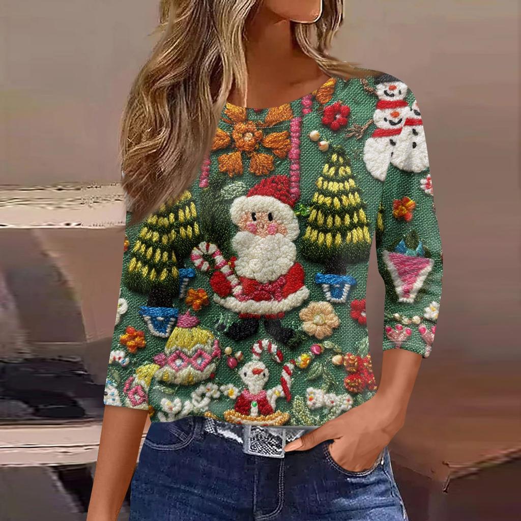 Women's Fashionable Casual Three Quarter Sleeve Christmas Printed Round Neck Top
