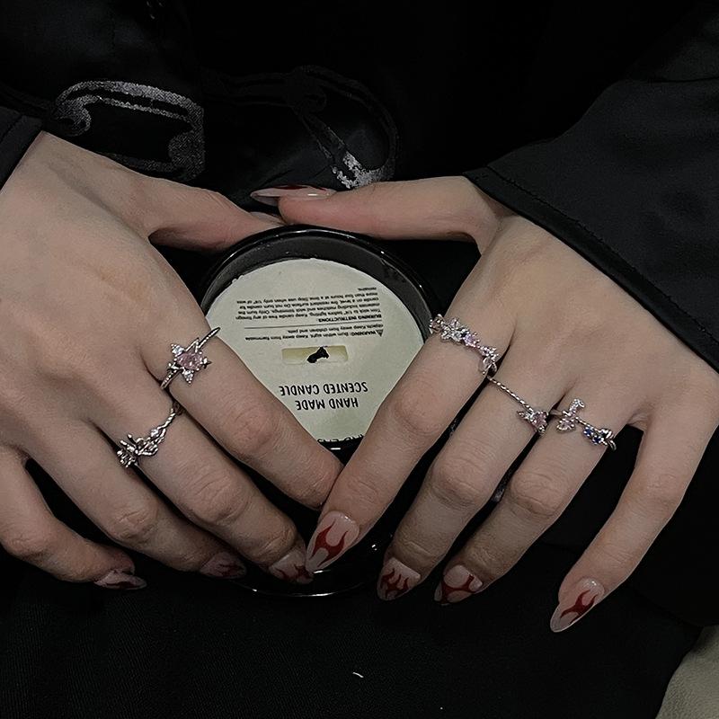 Pink Series Ring Zircon Super Flash Simple Small Fresh Premium Index Finger Ring Bow Opening Adjustable Ring