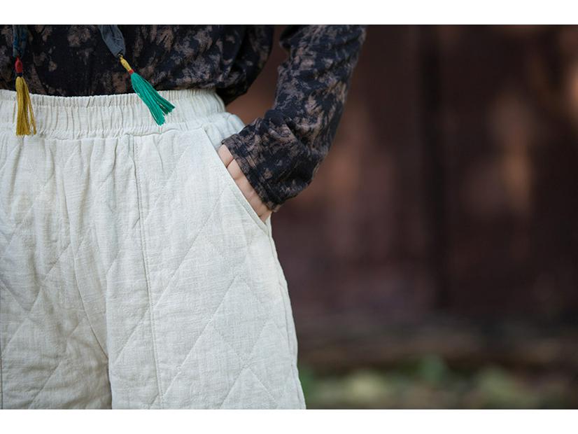 2025 Winter Women's Retro Quilted Diamond Pattern Lantern Pants - Thick Warm Cotton Linen