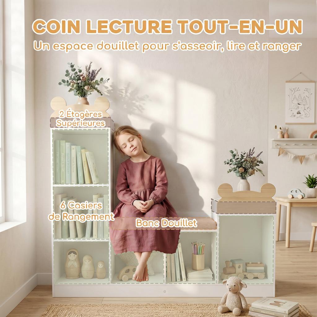 Children's Bookcase with Reading Nook, 3-in-1, 121 x 30 x 106 cm, White