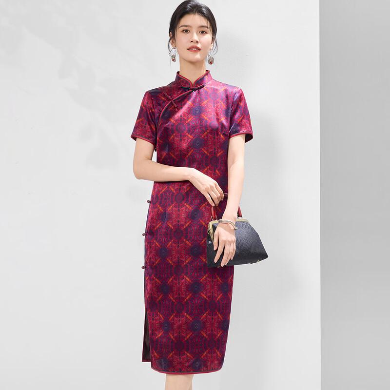 Golden Chrysanthemum Floral Mulberry Silk Cheongsam Dress