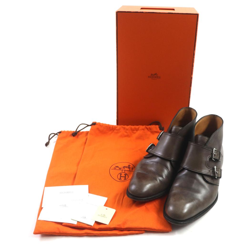 HERMES Ankle boots  Double Monk Leather Shoes Dark brown leather mens 40.5 Used