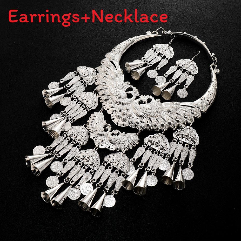 Retro Pendant Peacock Necklace Earrings Set With Bell For Festival Accessories