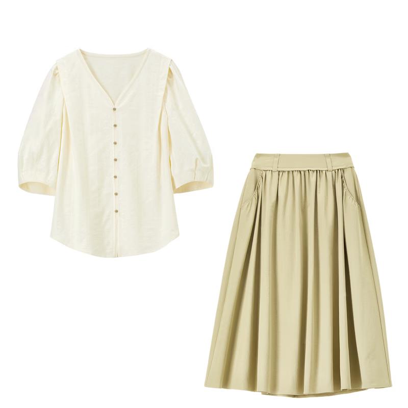 Women's Autumn Textured V-Neck Shirt & A-Line Skirt Set