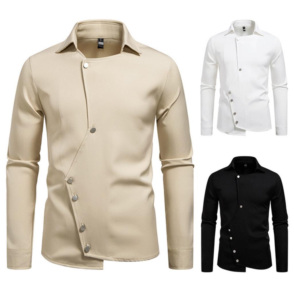 Men's Casual Solid-color Long-sleeved Shirt, Men's Slanted Front Button-down Lapel Shirt