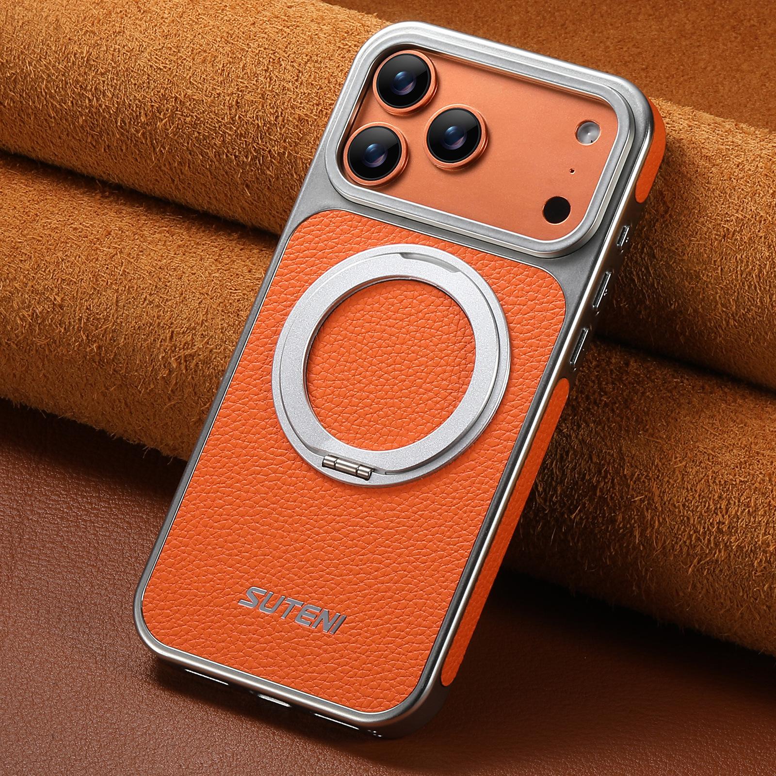 

Lychee Pattern Leather Phone Case for iPhone 17 Pro Max 16pro 15 14 13 Rotating Bracket Magnetic Wireless Charging Plating Cover iPhone17 оранжевый