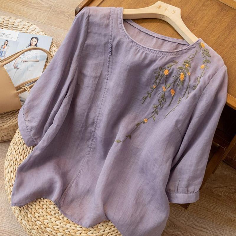 Cotton Short-sleeved Shirt Blouse Women Summer Retro Round Neck Loose Breathable Soft Fit Hemp T-shirt Tops