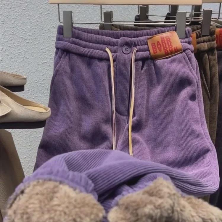 Women's Winter Cotton-Velvet Sweatpants: Loose, Warm, Casual Lambskin for Female Students