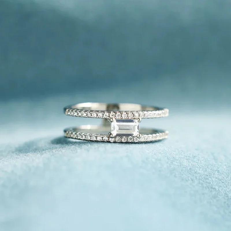 Huitan Simple Stylish Rings with Double Layer Design Charming Exquisite Accessories for Women Shiny CZ Versatile Daily