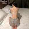 Illusion Nightclub Sequin Tassel Mini Skirt & Split Halter Lingerie 3-Piece Set