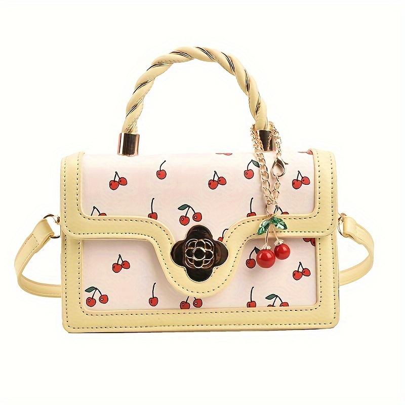 Cherry Print Handbag for Women, Sweet Mini Crossbody Bag, Stylish Flower Lock Shoulder Bag Square Purse