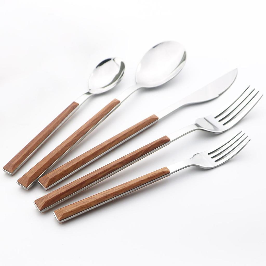 5 st Trähandtag serviser Western bestickset i rostfritt stål Knivgaffel Kaffe Tesked Silverservis Köksservis set