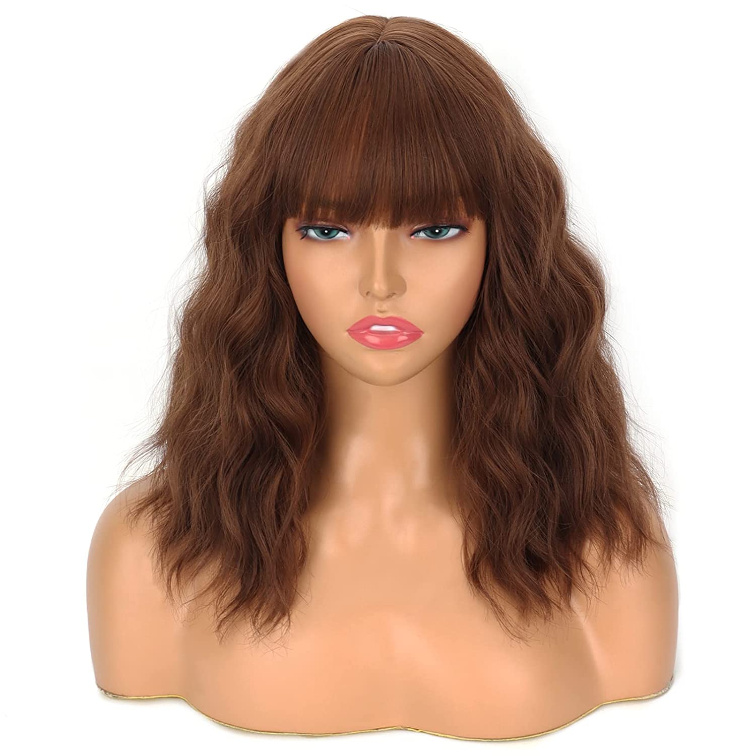 

XINRAN Светло-коричневый короткий волнистый парик с челкой, Короткие волнистые коричневые вьющиеся парики Боб для женщин, Натуральный короткий волнистый парик Боба для косплея для повседневной вечеринки 14 inch