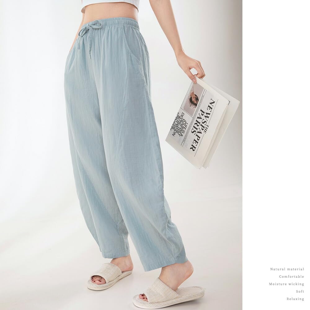 Pajama Double Wide Solid Blue [Yes family] Women's Pants, Gauze, 100% Cotton, Leg, Color, Large,