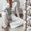 European and American Style Women’s 2 Piece Heart Print Jacquard Pajama Set Long Sleeve Top with Turn-Down Collar and Long Pants