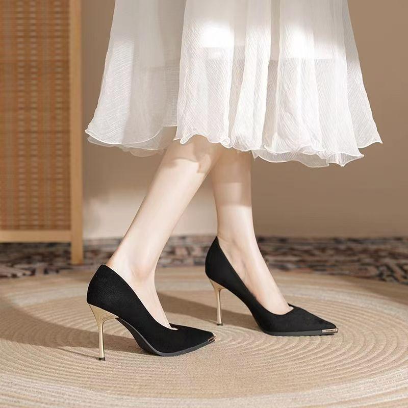 Fashion Women's Thin Heel Shoes Autumn New Metal Pointed Shallow Mouth Anti-slip Wear-resistant High Heels