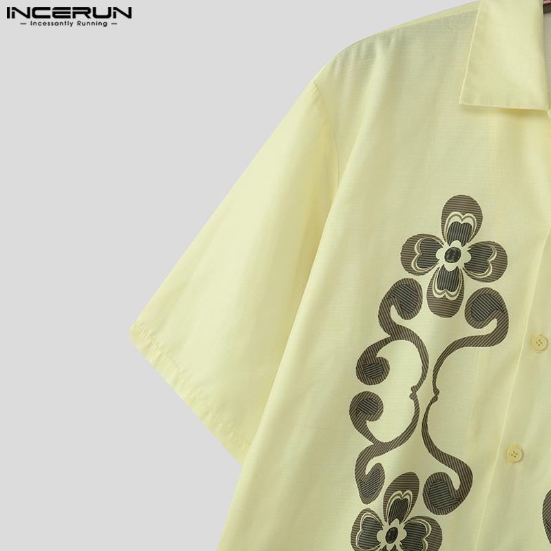 INCERUN Oversized Men Lapel Neck Short Sleeve PrintButtons Up Casual Loose Shirts