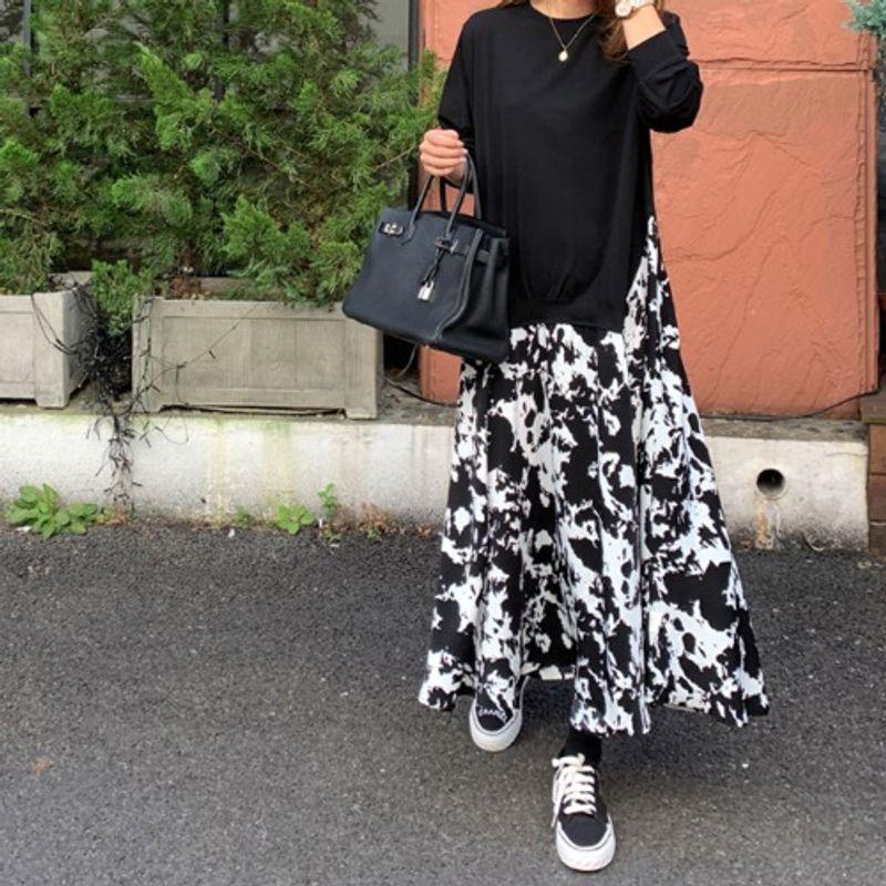 

European Station Stitching Printing Literary Style Long-Sleeved T-shirt Black XXXXXL