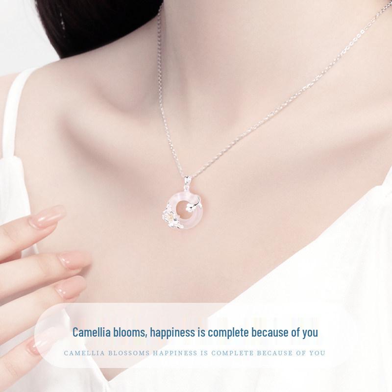 Camellia Ping'an Kou S925 Silver Chalcedony Pendant Necklace for Women - Elegant High-End Design