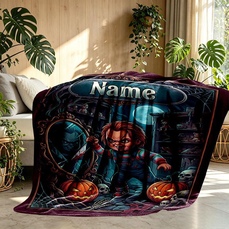 Custom Name Personalized Horror Theme Chucky Print Blanket, Home Decor, Bedroom, Sofa, Camping, Couch, Gifts for Birthday Christmas