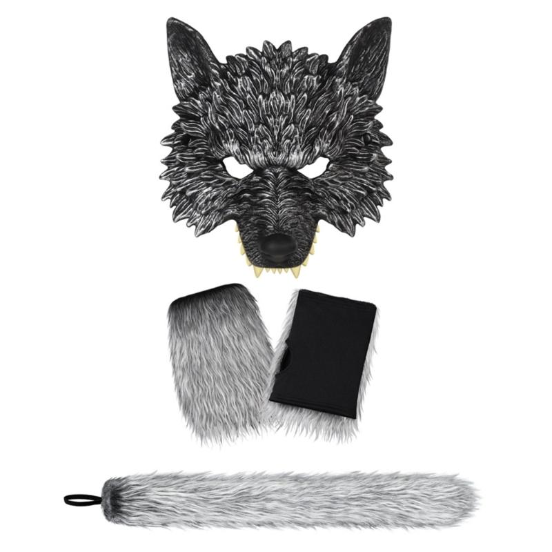 2/3Pcs Wolf Costume Set Wolf Tail Wolf Mask Gloves Set Halloween Christmas Fancy Party Costume Toys Animal Cosplay Props