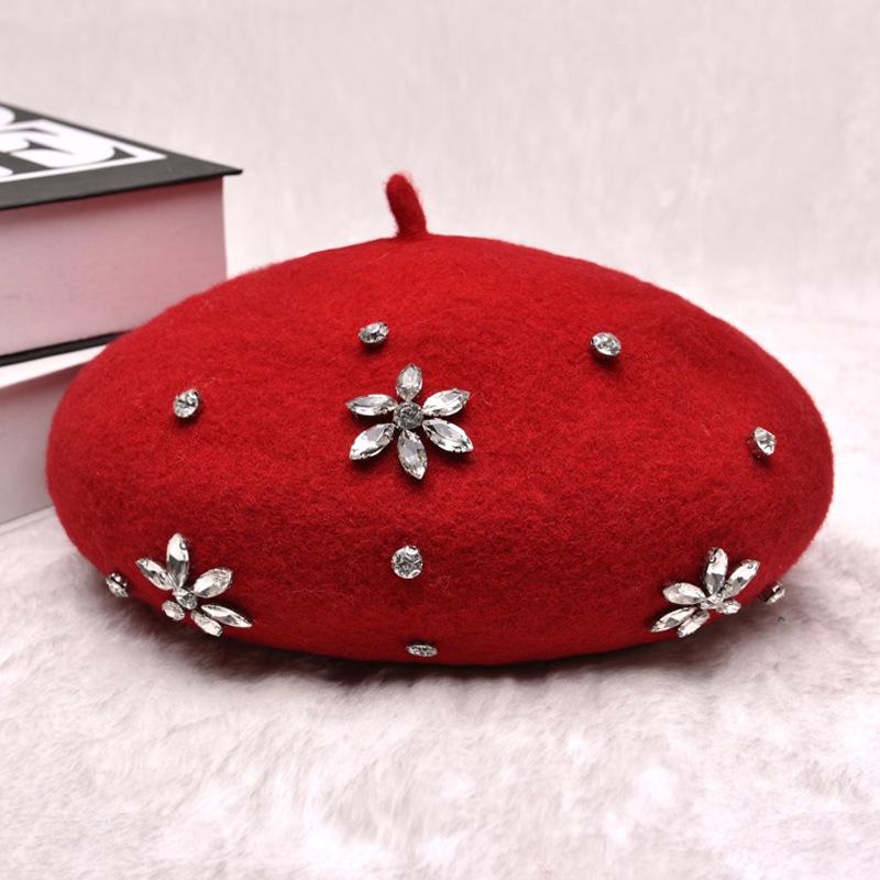

VISROVER Woman Wool Winter Beret DIY Female Rhinestone Wool Cap Autumn Winter Hat Solid Color Top Quality Women Boina Wholesales