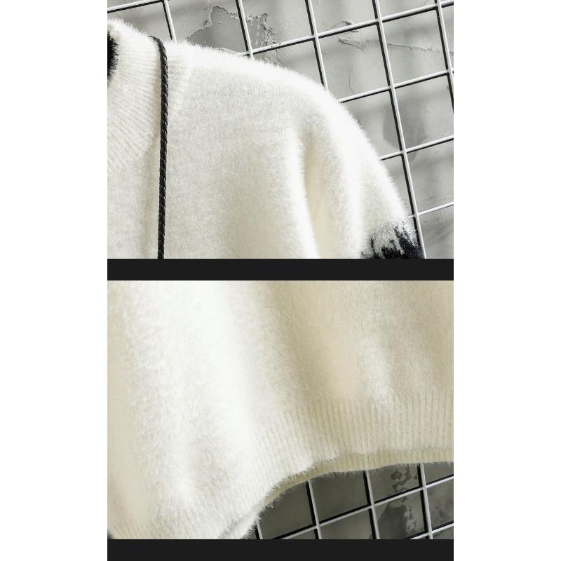 Herrvit polotröja med svart hjorttryck Långärmad Casual stickad topp