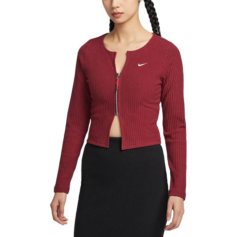 Nike Sportswear Chill Rib Snake Welcome Series Slim Fit Zipper Comfortable Fashion Versatile Soft Knit Top Women Tops Team-Red HV8459677