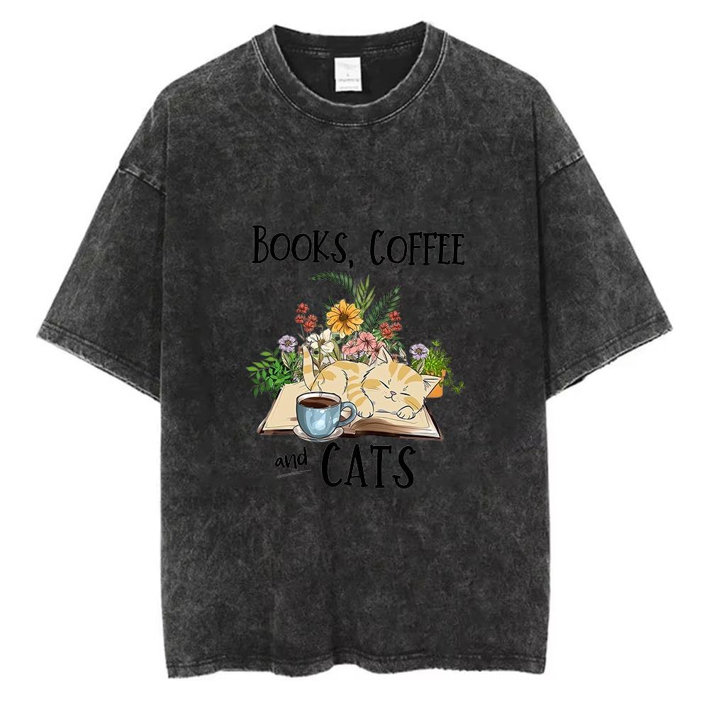 Vintage Washed Oversized Book Lover Graphic Print Short Sleeve T-Shirt Retro Fit Crew Neck Tee