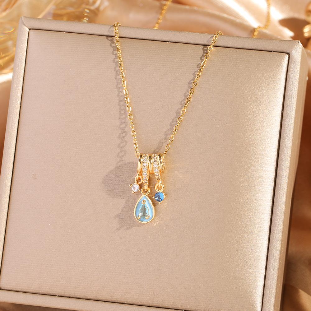 

Blue Tear Drop Fringe Zircon Titanium Steel Necklace Women Fashion Light Luxury Elegant Collarbone Chain