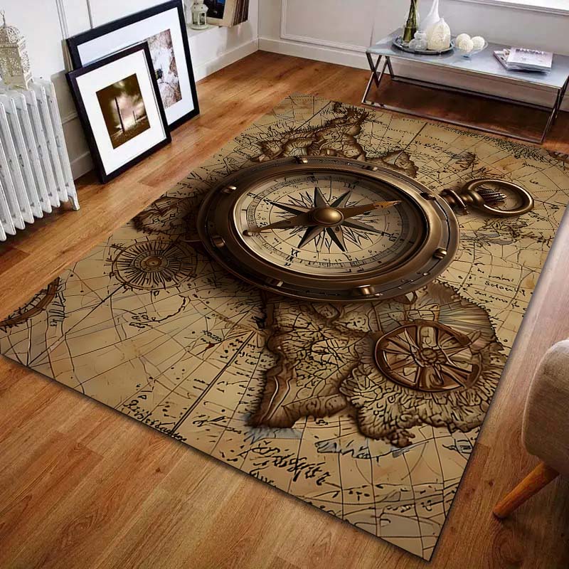 Vintage Map Compass Printing Carpet for Bedroom Living Room Bedside Sofa Floor Mat Modern Home Decor Area Rug Machine Wash