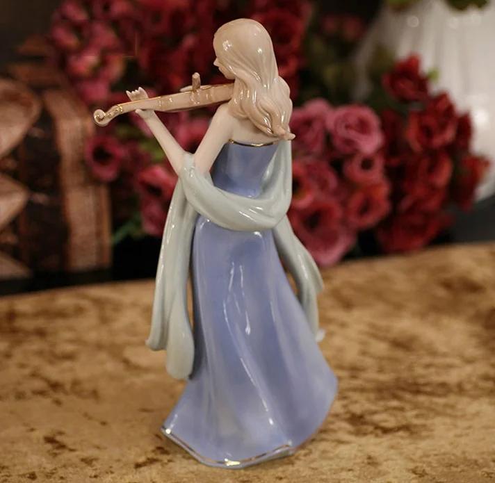 Elegante Porzellan Geige spielende Dame Figur Keramik Musikschönheit Statuette Dekor Geschenk Handwerk Ornament Zubehör Einrichtung