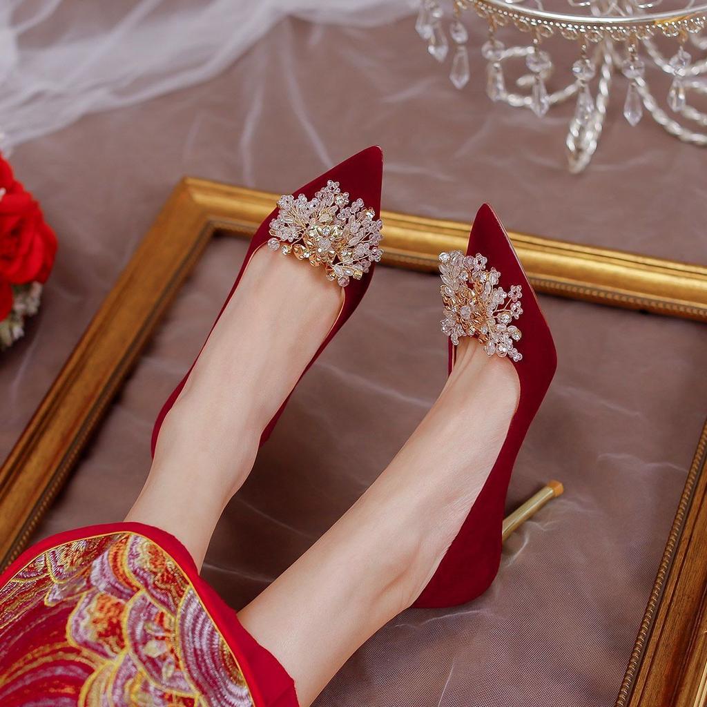 Pointed Thin Heel Wedding Shoes New Chinese Flower Xiuhe Toast Dress Burgundy Bridal Wedding Shoes Women