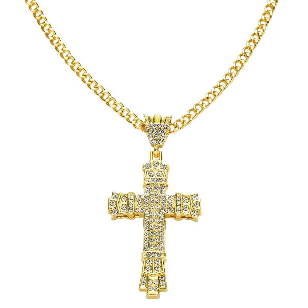 1 Simple Style MEN'S Rhinestone Christian Cross Rhinestone Pendant Necklace Personality Fashion Street Domineering Chain Jewelry