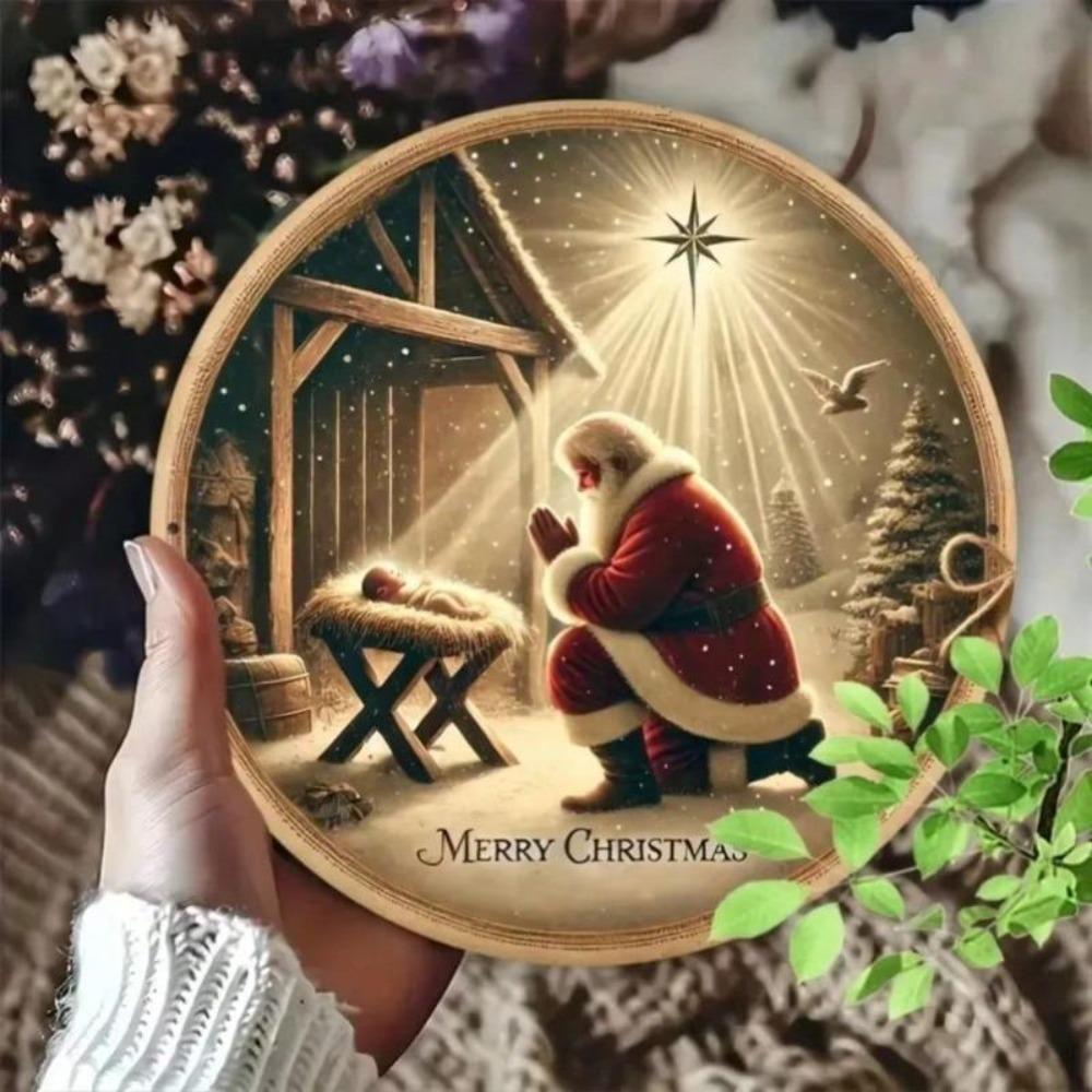 Santa Christmas Metal Wall Sign Round Holiday Home Cafe Garage Decor Gift