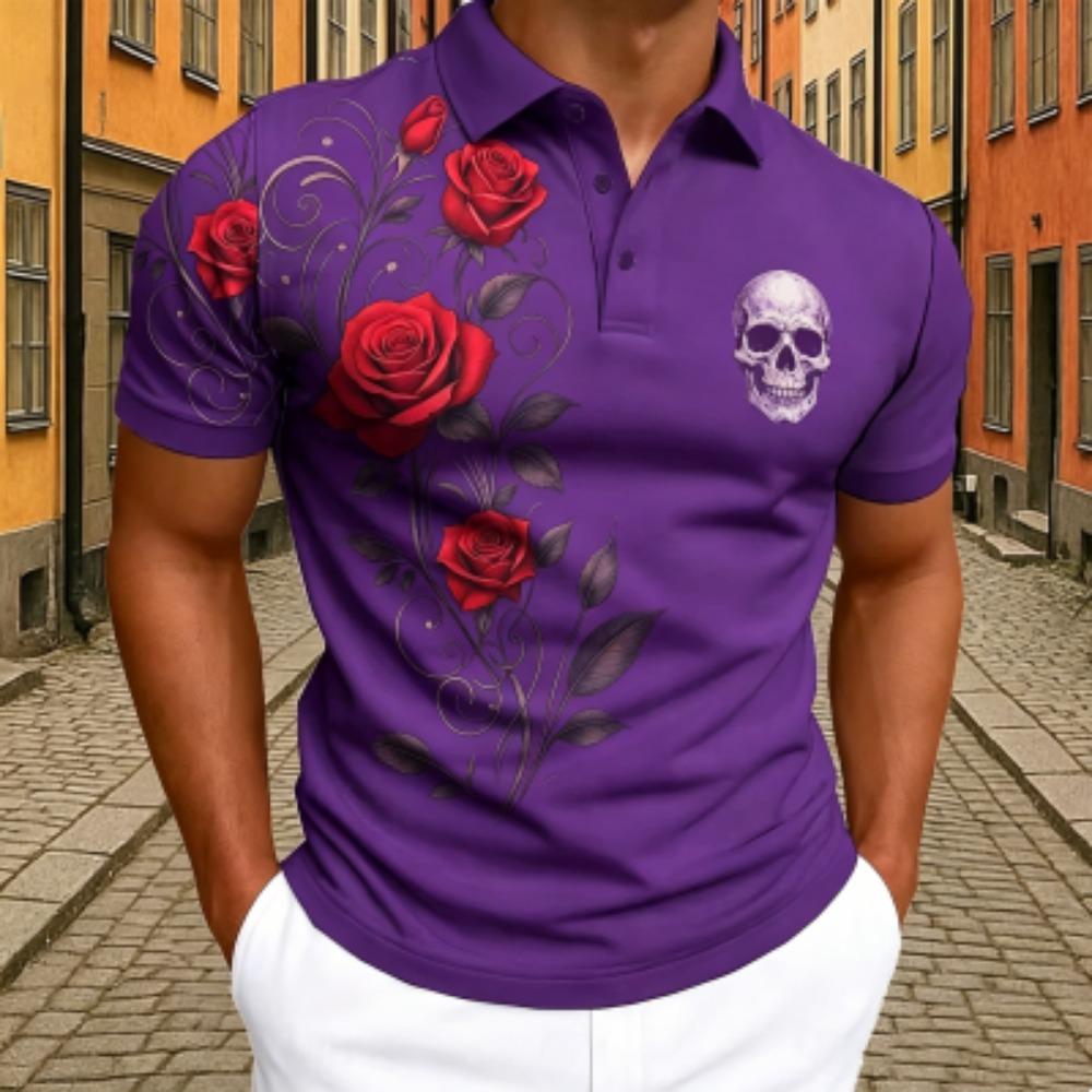 Fashion Skull Red Rose Floral Print Polo Shirt Men's Outdoor Street Short Sleeve Tees Top Summer Home Casual T-shirt Men's and Women's Polo Shirt