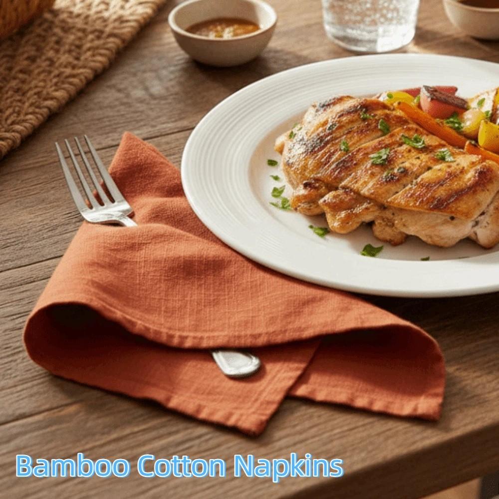 2PCS Village Style Bamboo Cotton Napkins Thicken Textured Fabric Tea Towel Double Layer Reusable Cloth Napkins Family Dinner