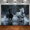 2D plane one magnificent black and white horse polyester background - vivid decoration for bedrooms and offices