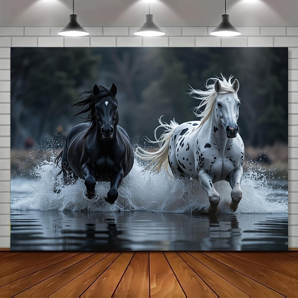 2D plane one magnificent black and white horse polyester background - vivid decoration for bedrooms and offices