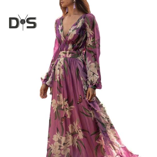 

Женское платье макси с глубоким V-образным вырезом, облегающим, с высокой талией, цветочным принтом, рукавом-фонариком, большим подолом, мягким винтажным платьем на осень-весну 3XL фиолетовый