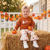 Baby Mädchen Halloween Kürbis Stickerei Pullover Rundhals Langarm Sweatshirt mit Elastischer Taille Schlaghosen Set