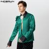 INCERUN Men Lapel Neck Long Sleeve Satin Shirts Solid Color Bandage Hollow Front Cross Tops