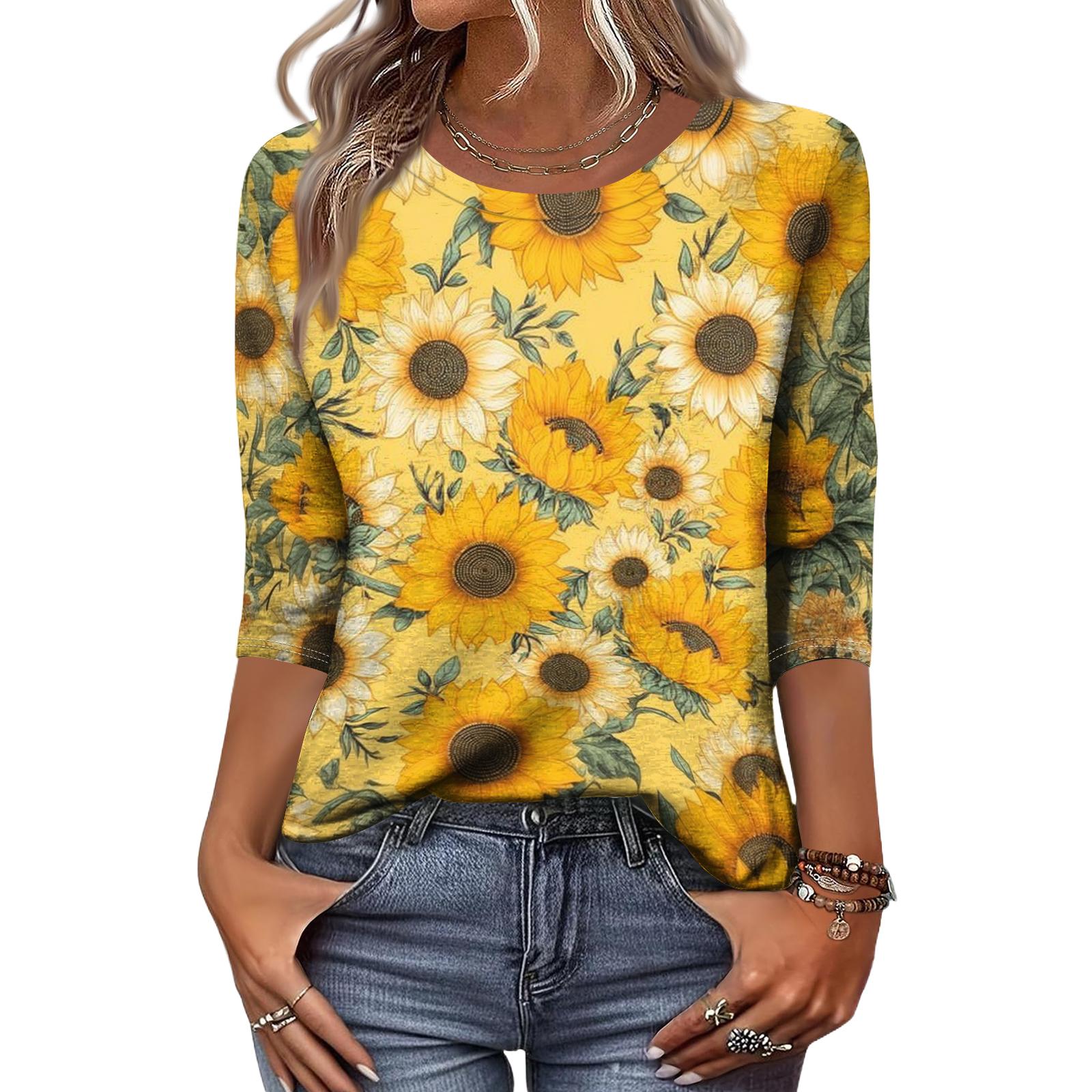

Women’s Long Sleeve Casual Crewneck Top with Sunflower Print Loose Fit Lightweight Pullover Blouse for Daily Wear S